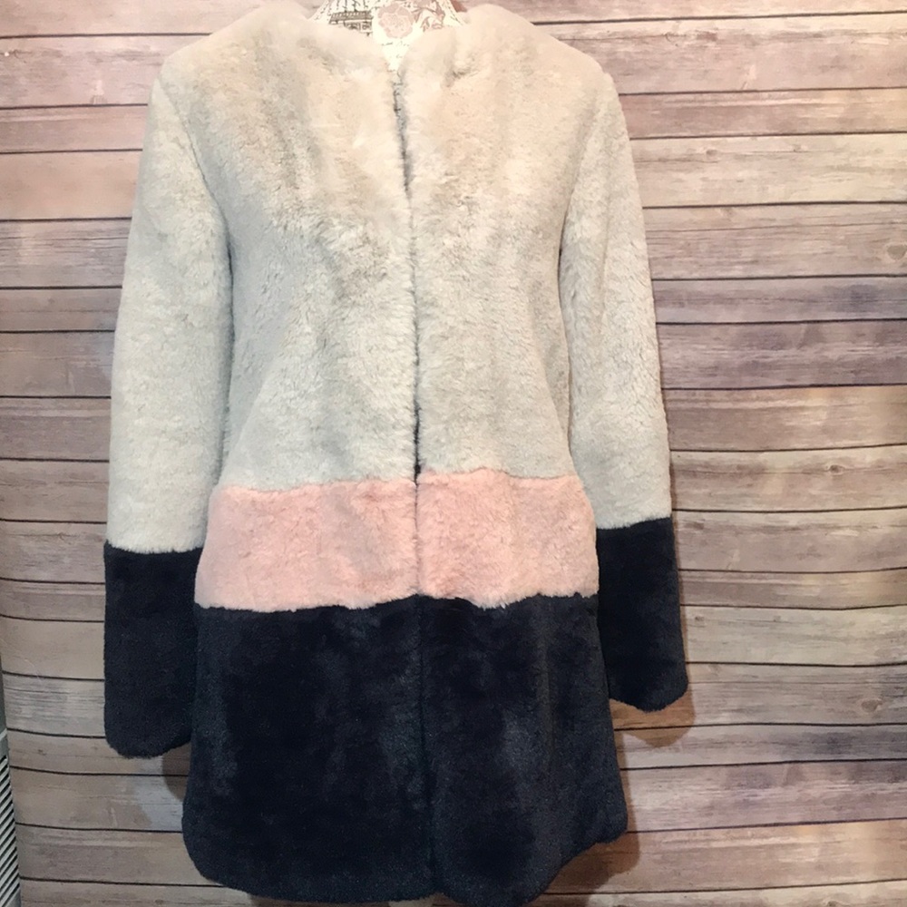 eight dreams faux fur color block long coat S (beige, pink, navy) ei8ht dreams